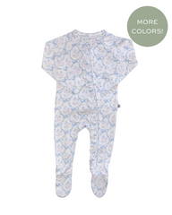 Ruffled Zipper Romper Blue Bow with Roses