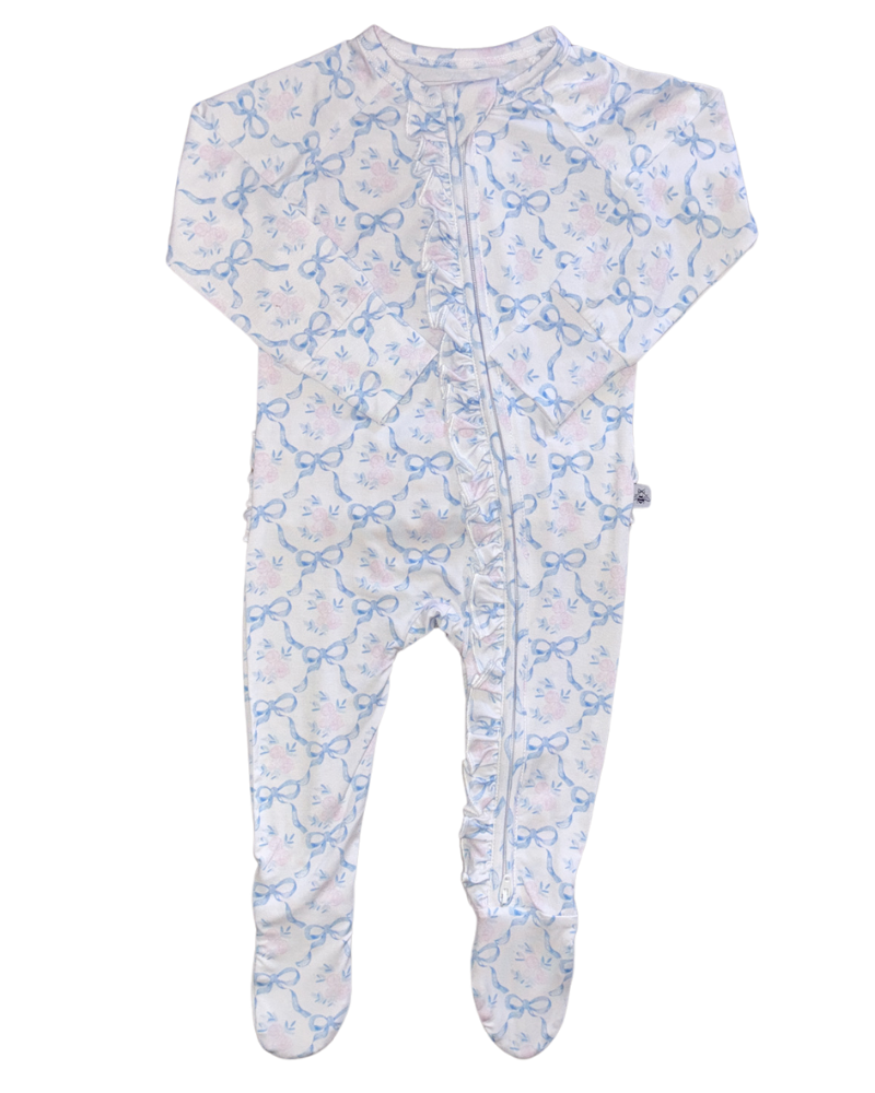 Ruffled Zipper Romper Blue Bow with Roses