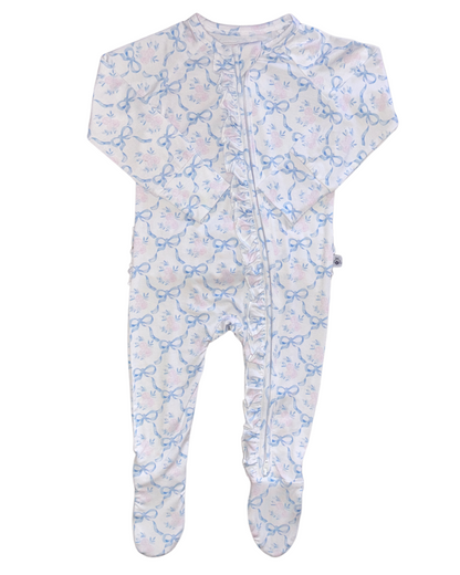 Ruffled Zipper Romper Blue Bow with Roses