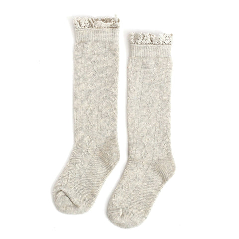 Heathered Grey Fancy Lace Top Knee High Socks